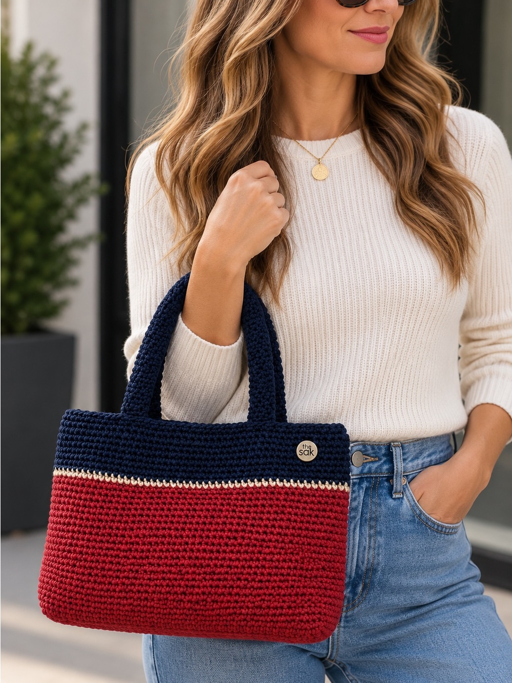 The Sac Red and Blue Crochet Tote Bag